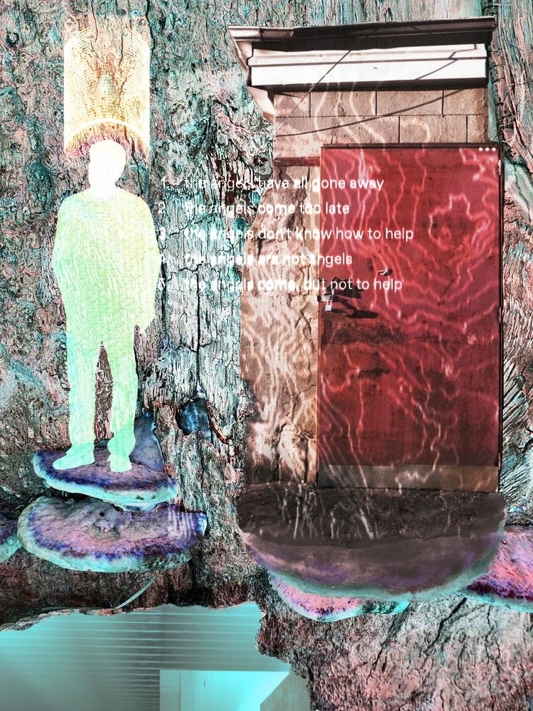 a perhaps hard-to-look-at digital photobash. 

strange glowing mushrooms form platforms on the side of an infinite tree. there is a red door, locked with a padlock, oddly jutting out from the wood. 
to the left of the door, a silhouette with a halo smokes a cigarette, apparently depressed. 
below the angel is a hallway at the wrong angle. 
glowing text next to the holographic humanoid is a list poem by tumblr user winged-cries: 
1. the angels have all gone away 
2. the angels come too late 
3. the angels don't know how to help 
4. the angels are not angels 
5. the angels come not to help
