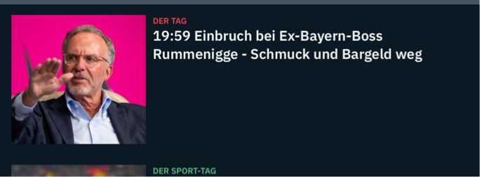 Screenshot aus der n-tv-App:
Einbruch bei Ex-Bayern-Boss Rummenigge - Schmuck und Bargeld weg