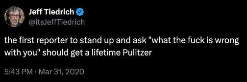 A screenshot of a tweet from @itsJeffTiedrich saying, 