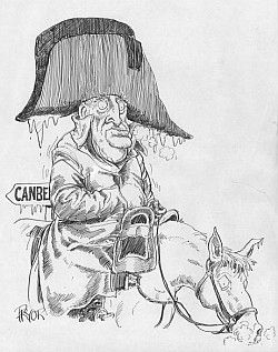Geoff Pryor cartoon appearing in the Canberra Times in 1987 after the collapse of the ‘Joh for Canberra’ campaign, depicting Bjelke-Petersen as a dejected Napoleon-like figure freezing on horseback retreating from the Australian capital in defeat
