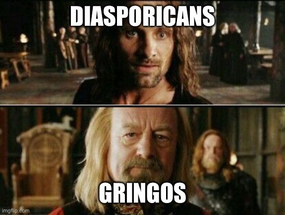 a “gondor calls for aid” meme. aragorn is labeled “diasporicans” and théoden is labeled “gringos” 