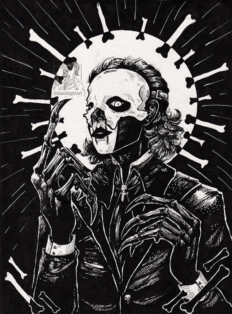 Papa Perpetua, the new frontman of the band Ghost poses with sharp, talon like skeletal gloves in a halo of bones. The illustration is black and white ink.