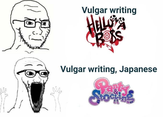 A meme demonstrating the negative reaction to vulgar writing in Helluva Boss compared to the positive reaction to vulgar writing in Panty & Stocking 
