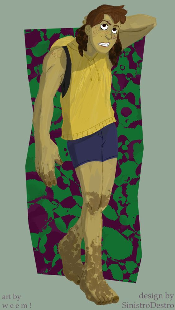 Sara, a feral girl. She's got brown hair, freckles, a couple scars, and she's wearing a yellow hoodie with torn-off sleeves and dark blue shorts. There's mud and dirt on her legs and fingers.