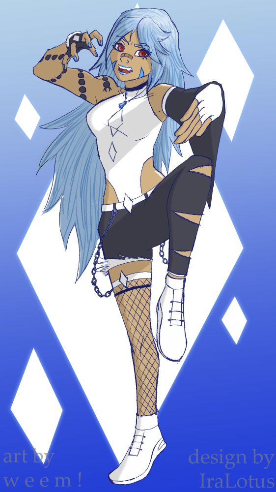 Fellie, a martial artist in a black and white getup, making a defensive pose. She has long, light blue hair, and a tattoo of a centipede wrapping around her right arm.