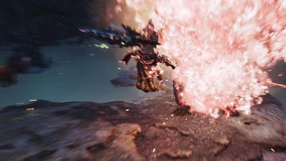 Screenshot of Monster Hunter Wilds in which my character is blown away by an explosive attack. The monster, a lava monkey called an Ajarakan, is mostly obscured by the explosion.