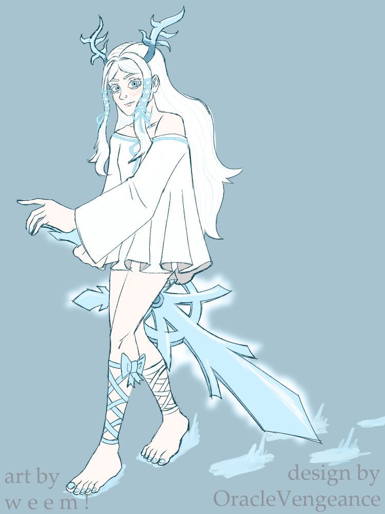 Eira, a a girl in a white smock and white/blue ribbons. She has antlers and a sword made of ice.