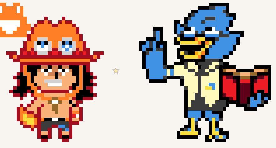 Screenshot of wplace with pixel art of Ace from One Piece and Berdly from Deltarune on either side of the apartment where I live (no details to give away my location are present).