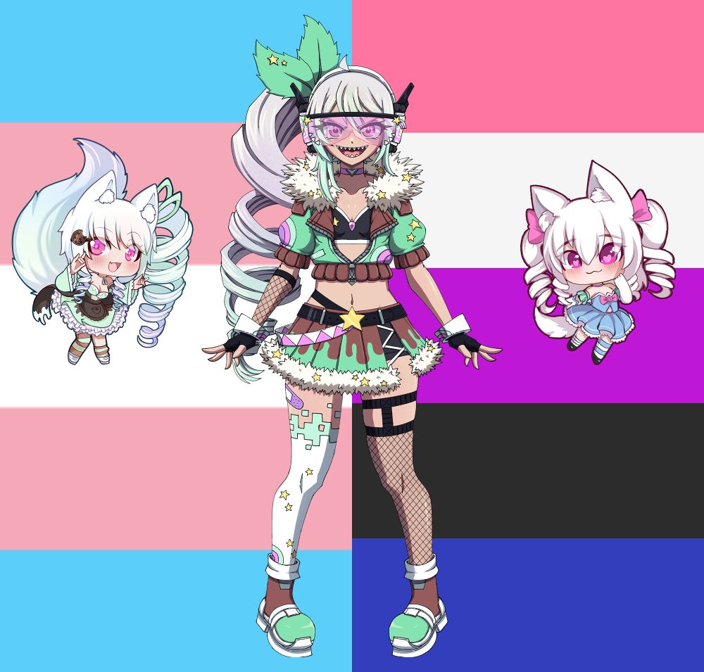 Picture of Minty's character and art of her two past designs on a trans flag and a genderfluid flag indicating her LGBTQIA+ allignment