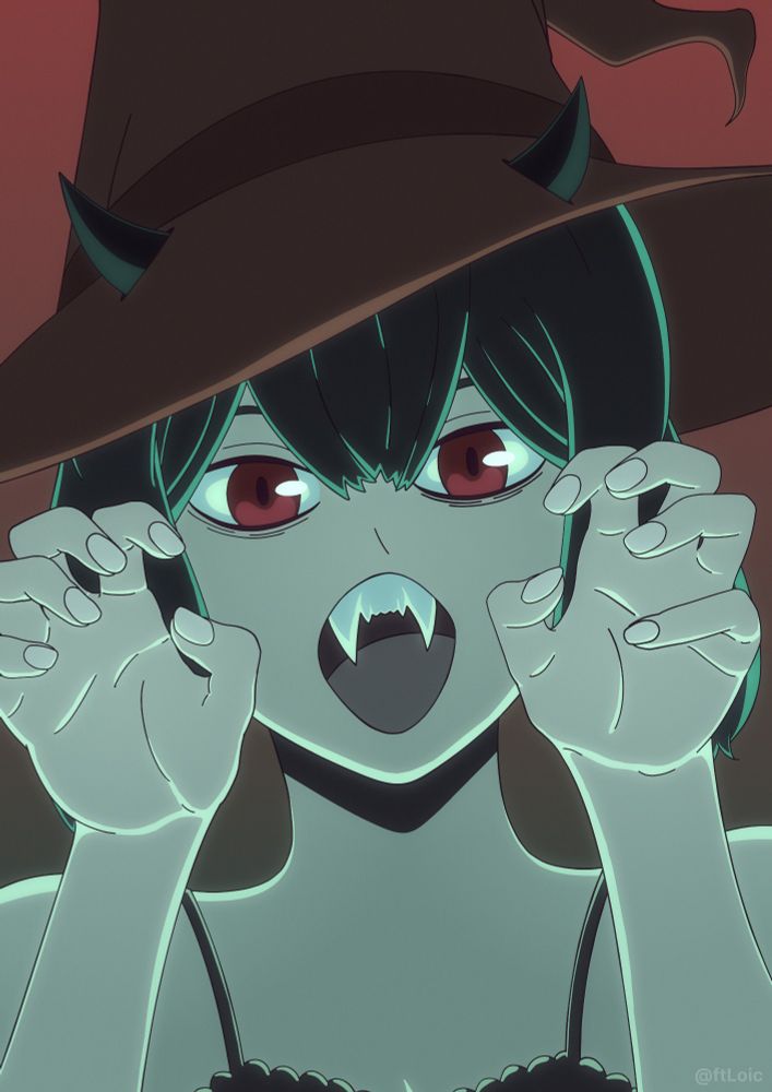 Secré Swallowtail from Black Clover with a witch hat, doing a cat pose