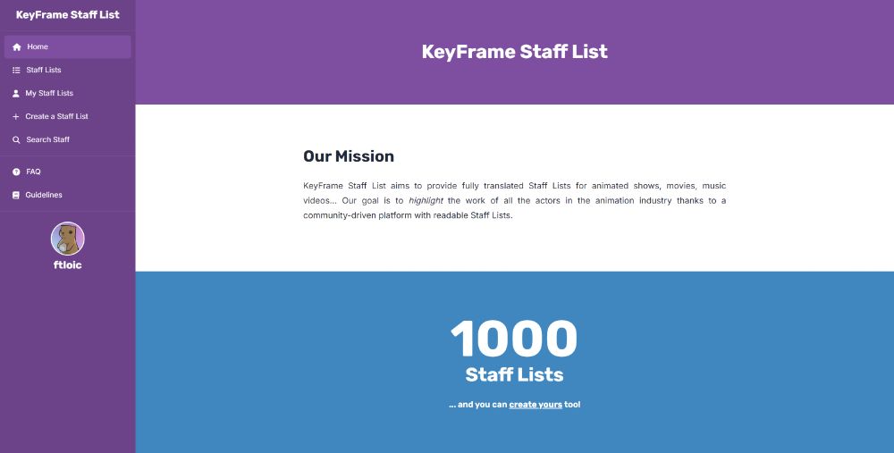 The website KeyFrame Staff List showing 1,000 staff lists