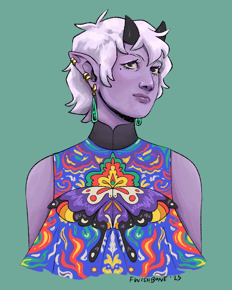 digital portrait of a purple tiefling with short white hair and short black horns. He wears jewel-green and gold earrings, and colorful clothes including a brightly-colored butterfly.
