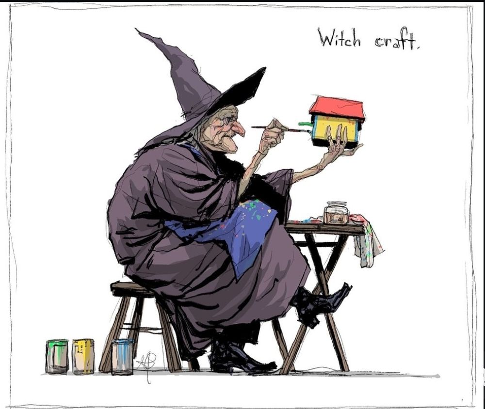Witch painting a birdhouse