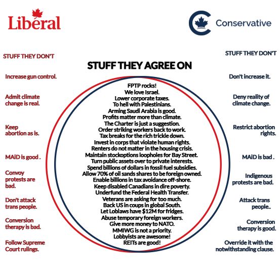 A Venn Diagram for the Liberal and Conservative parties. In the center is stuff they both agree on including:

FPTP rocks!
We love Israel.
Lower corporate taxes.
To hell with Palestinians.
Arming Saudi Arabia is good.
Profits matter more than climate.
The Charter is just a suggestion.
Order striking workers back to work.
Tax breaks for the rich trickle down.
Invest in corps that violate human rights.
Renters do not matter in the housing crisis.
Maintain stockoptions loopholes for Bay Street. 
Turn public assets over to private profiteers.
Spend billions of dollars in fossil fuel subsidies.
Allow 70% of oil sands shares to be foreign owned.
Sell Canada's economy to foreign nationals.
Enable billions in tax avoidance off-shore.
Keep disabled Canadians in dire poverty.
Underfund the Federal Health Transfer.
Don't protect public health care.
Veterans are asking for too much.
Back US in coups in global South.
Let Loblaws have $12M for fridges.
Abuse temporary foreign workers.
Give more money to NATO.
MMIWG is not a priority.
Lobbyists are awesome!
REITs are good.

On the margins is stuff they don't agree on, including: gun control, climate change, abortion, convoy protests, Indigenous protests, trans people, conversion therapy, and respecting the Supreme Court.