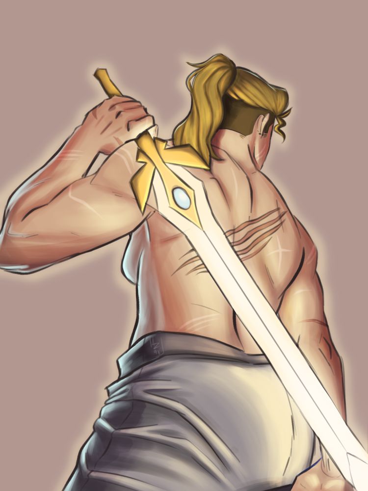 Drawing of Adora from Shera princess of power 2018. Adora is shirtless and just showing her scarred back with She-ra’s swords laying across her back.