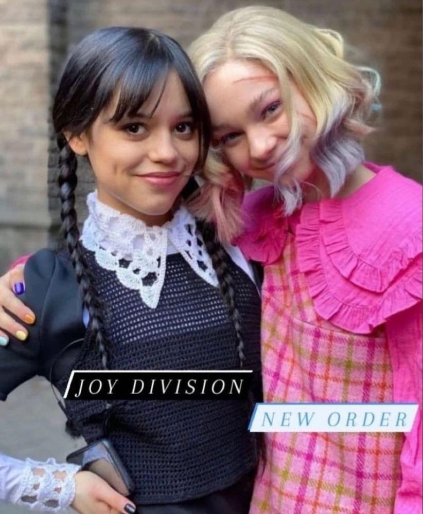 A pic showing Wednesday as Joy Division and Enid as New Order 