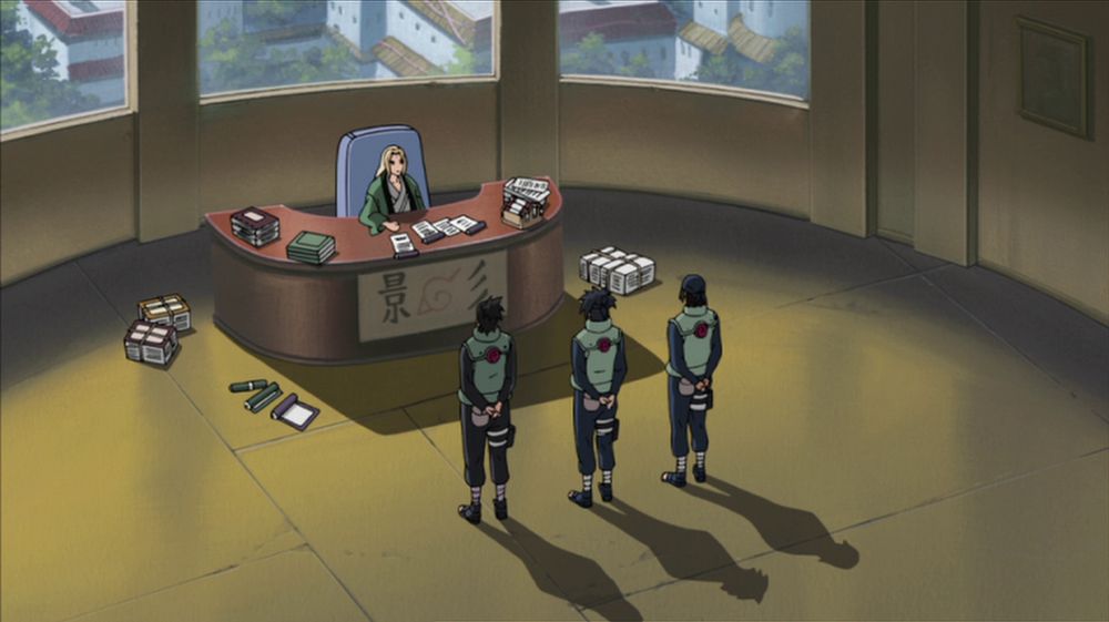 Kotetsu Hagane, Izumo Kamizuki and Shikamaru Nara giving his report to Tsunade. Naruto Shippuden, episode 81