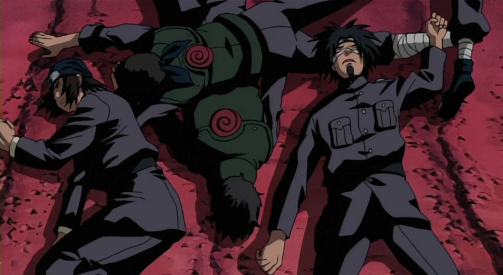 Izumo Kamizuki, Kotetsu Hagane, and other Konoha shinobi are lying unconscious on the ground. Naruto, episode 143