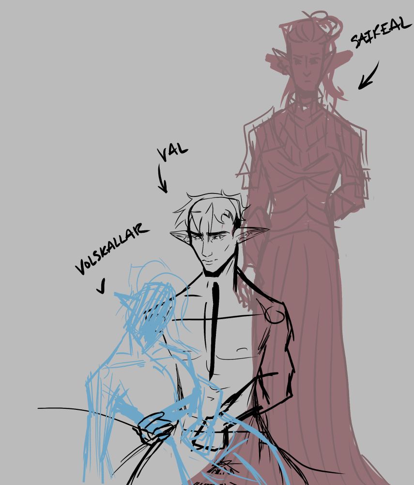 A VERY early stage sketch of Val, Volskallar, and Saireal 