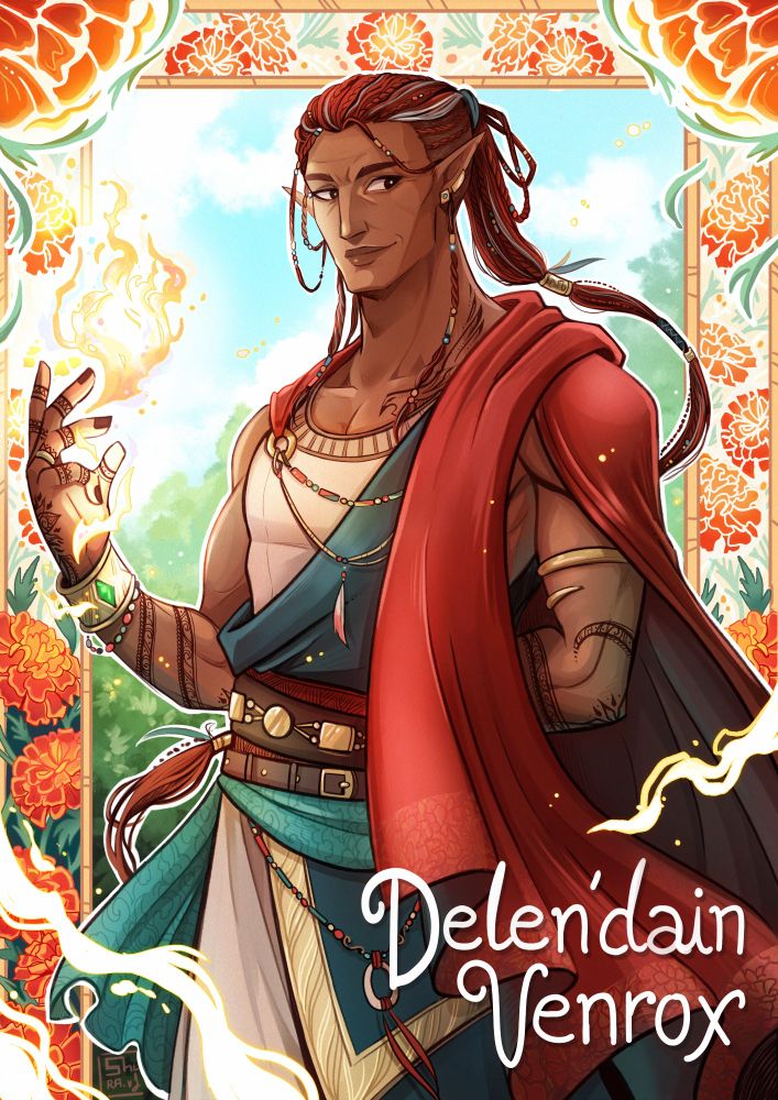 Ilustración de Delen´dain Venrox. Elfo moreno y atractivo invocando una llama. 