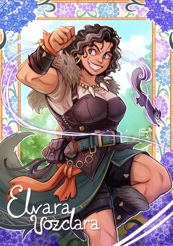 Ilustración de Elvara Vozclara, madre de Mara. Tiene el pelo negro con canas, ojos verdes, y brazacos para cascar nueces con el biceps. 