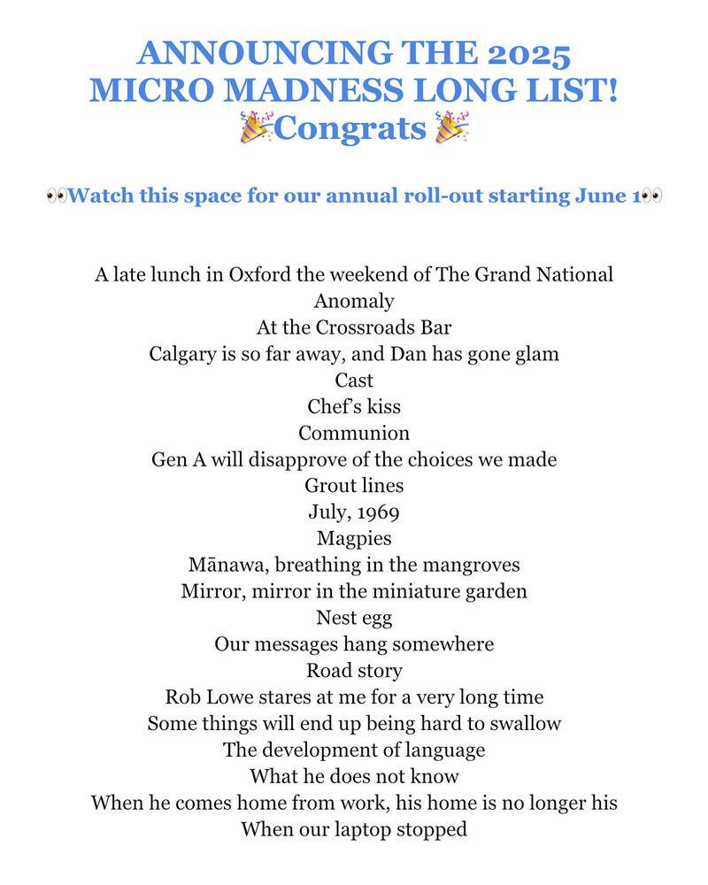 National Flash Fiction Day New Zealand 2025 Micro Madness Long list  