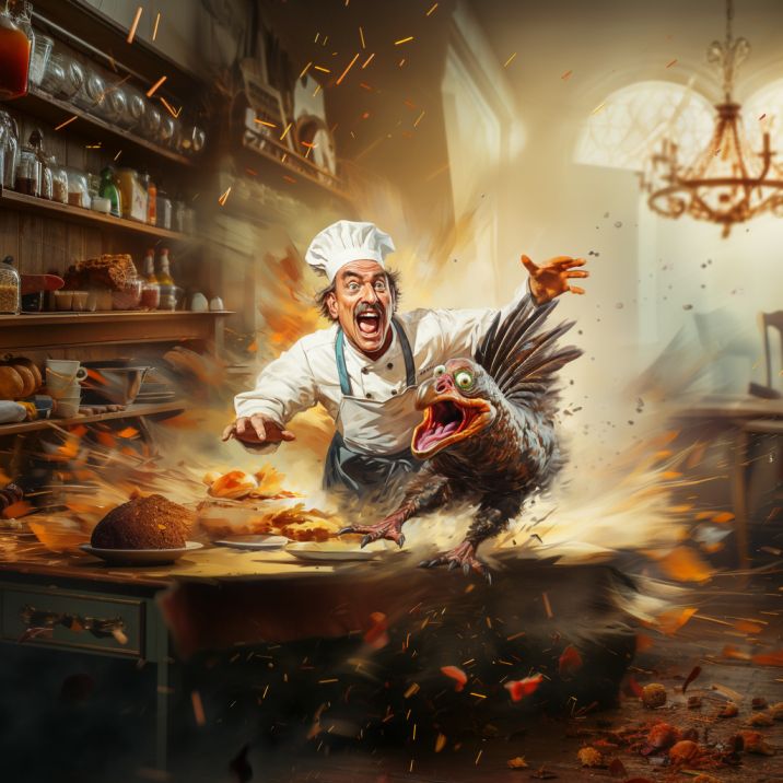A painting style AI rendering of a turkey running off a countertop, looking panicked, with an angry chef behind him trying to catch him.