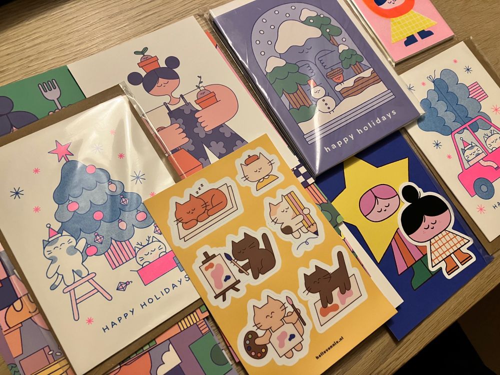 Spread of artist hello vonnie’s cards (postcards and holiday cards) as well as a few stickers with cards. 