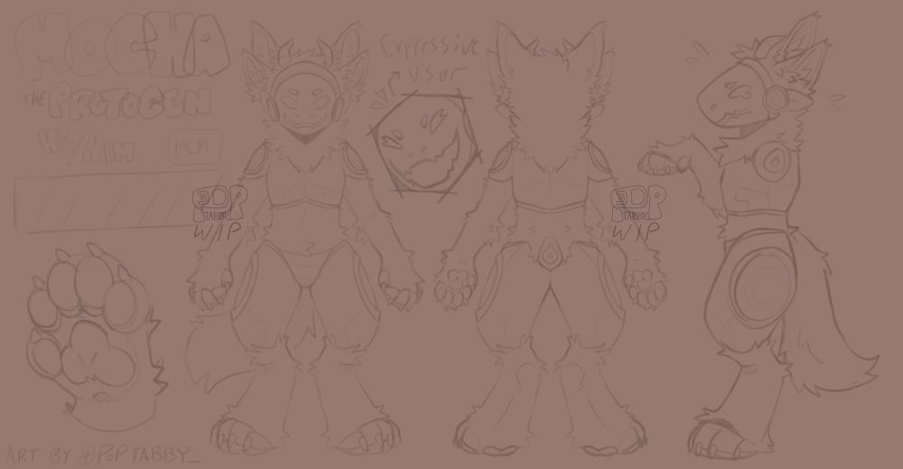 sketch of a 3 sided reference sheet of a protogen named mocha. his pronouns are he/him