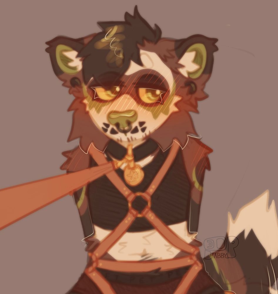 An anthro ferret character sits on their knees in a harness and collar with his arms behind his back. He looks away, flustered, as the viewer tugs on a leash attached to their collar. 