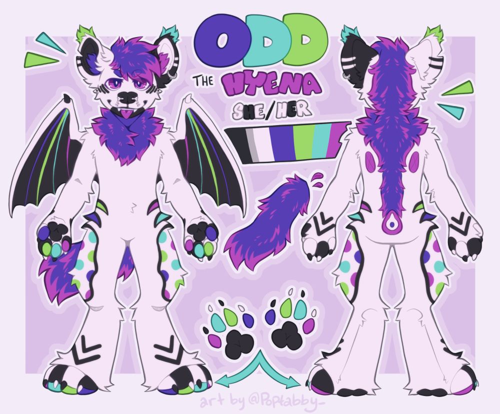 a 2 sided reference sheet of a white hyena hybrid character named Odd, her pronouns are she/her
