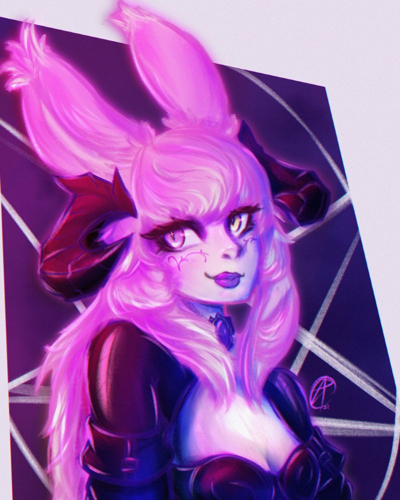 Woman with fluffy pink hair, rabbit ears, and horns looks off to the side with a crooked smile, most likely thinking about either fire or pizza 