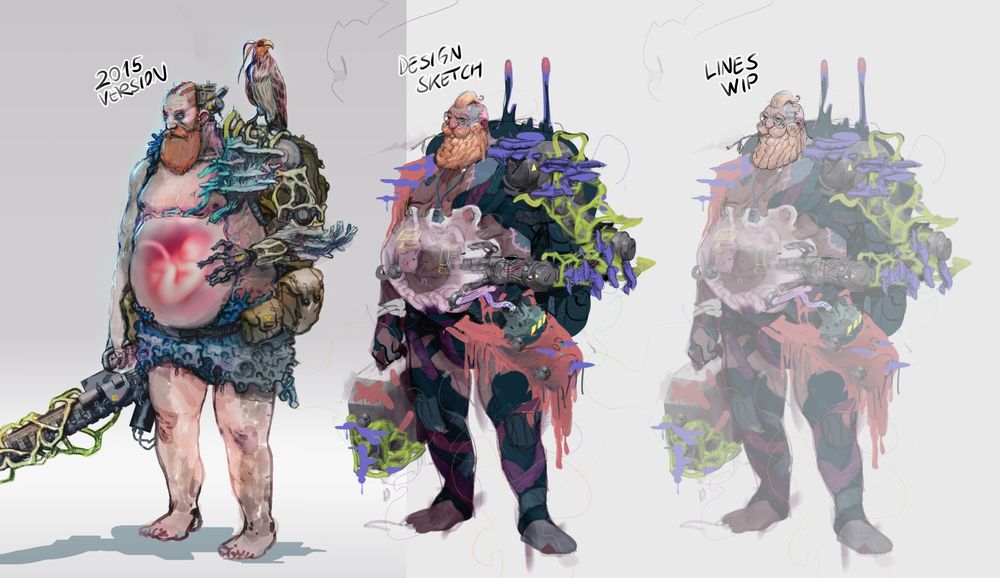 Comparison of multiple drawing of a bio punk characetr. His armor is made from fungus and robotics technology. He waers a thick, well groomed beard and houses to human babies developing in his belly, which is partly composed of a mechanical incubator chamber.