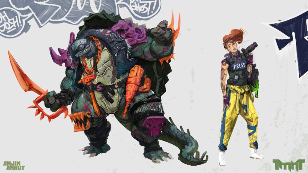 cartoon drawings of characters Slash and April from the ninja turtles