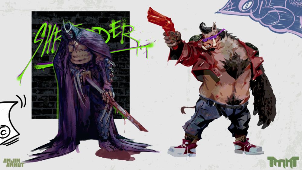 cartoon drawings of characters Shredder and Bebop from the ninja turtles