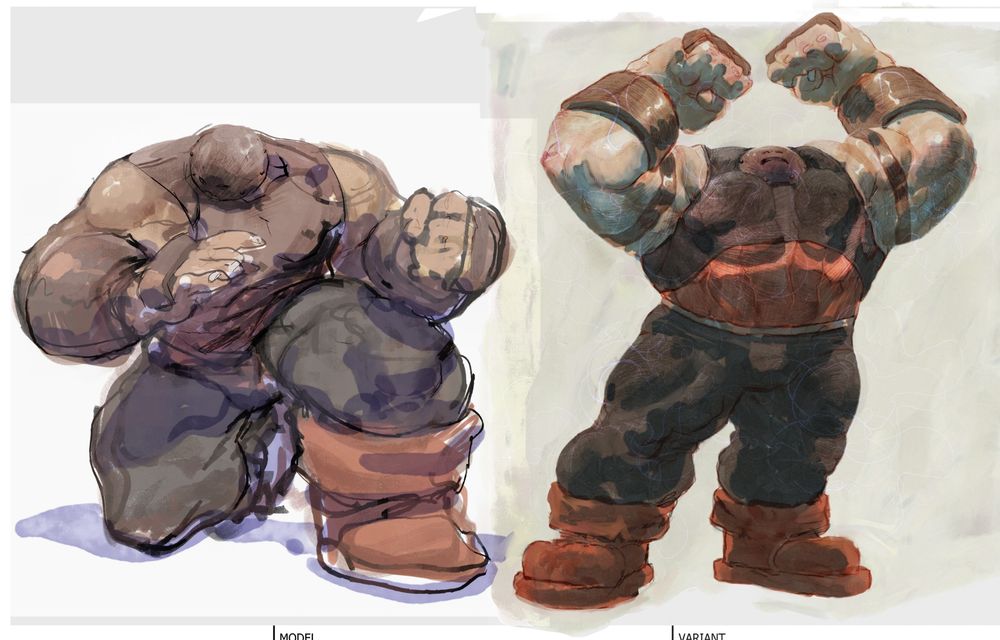 Two color slketches of the character Juggernaut from the X-Men comics, one of them referencing his win pose in Capcom fighting games.