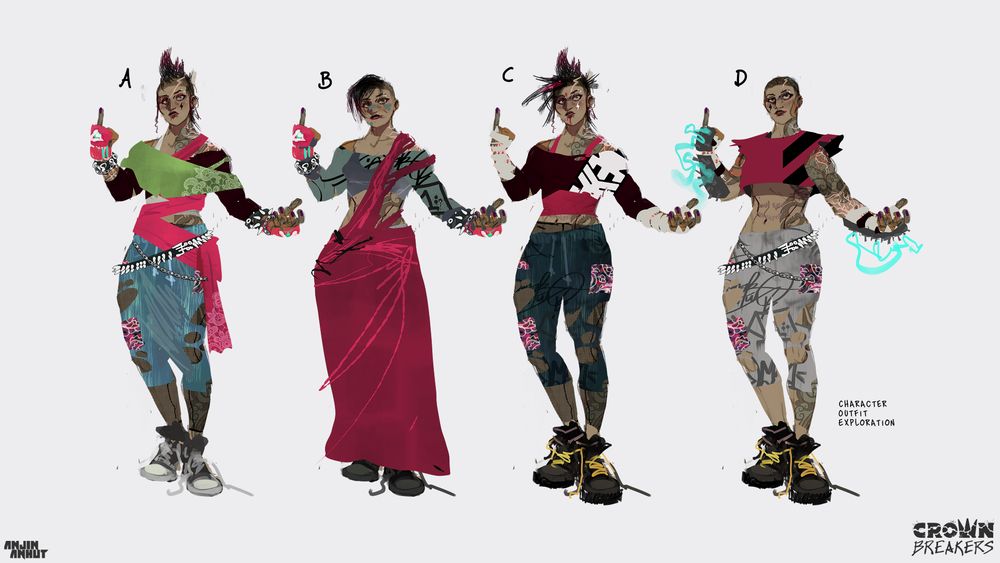 character design sketches, exploring outfits and hair styles for an indian punk super hero