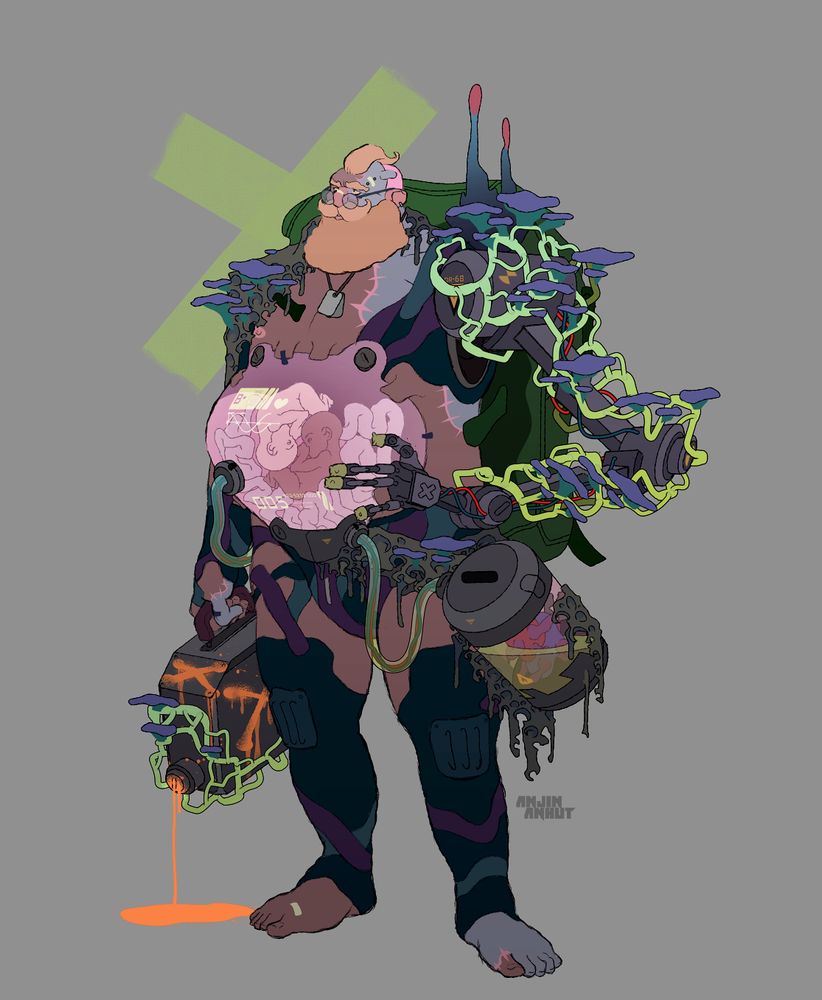 anime style character design of a big brawny bearded man with cyber limbs, fungus suit and an artificial womb with two babies in it.