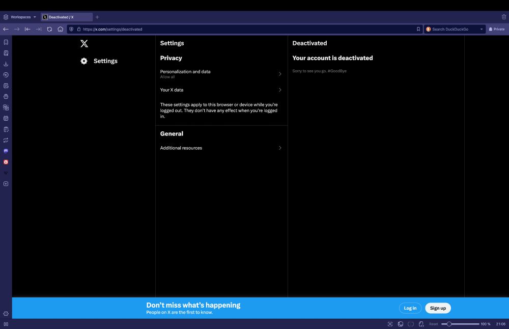 A Vivaldi Private Browser window on my former Twitter profile informing me that my account there is officially deactivated. 
