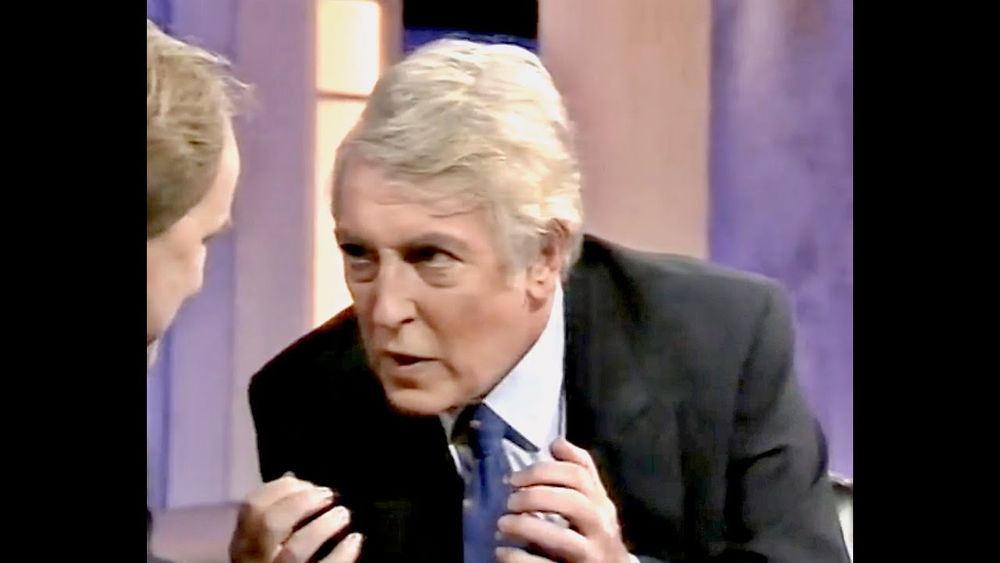 Peter Cook as football manager Alan Latchley on Clive Anderson Talks Back, demonstrating a comical and entirely incoherent intensity on the subject of football 