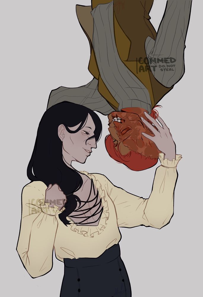 Two people are in the composition, one man and one woman. The woman has long black hair tied into a loose ponytail, pale skin, and is wearing a frilled ivory blouse with dark navy pants. The man has brown skin, with the other half of his face completely covered in burn scars. His hair, or what remains of it, is red. He is wearing a grey turtleneck with an ochre-colored vest. The woman is laying upright, her hand caressing the man’s head. The man is laying upside down, staring at the woman. 