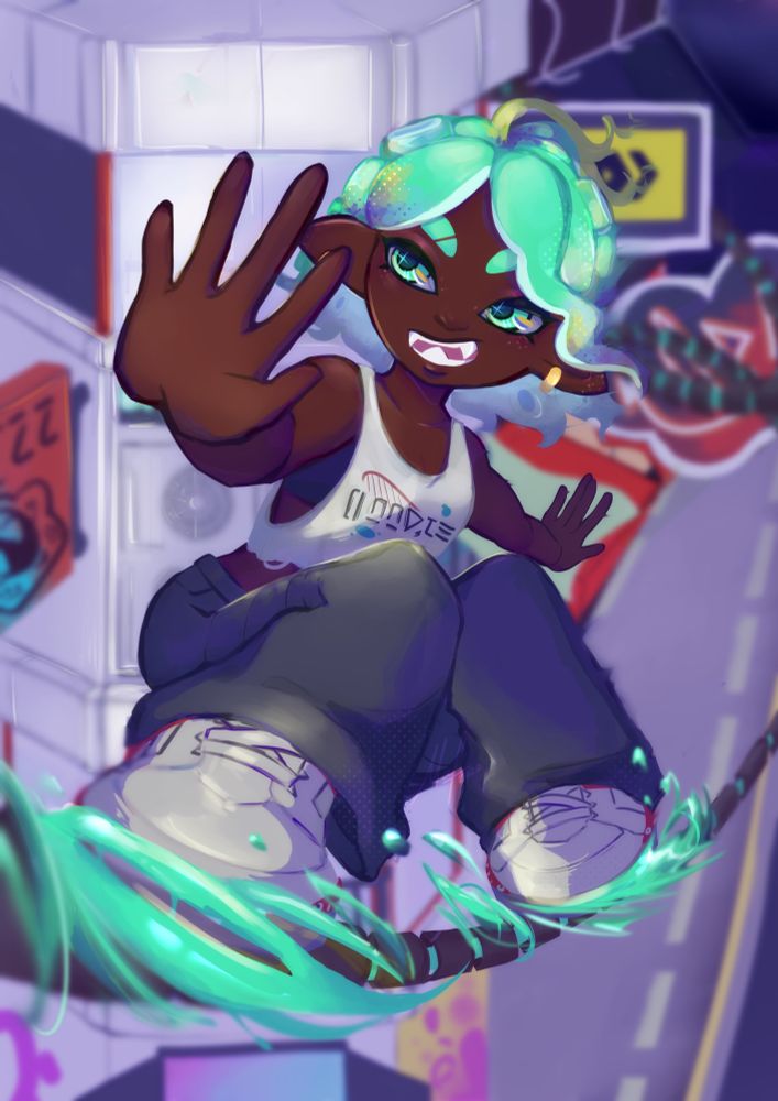An octoling grinding on a ride rail with Splatsville in the background.