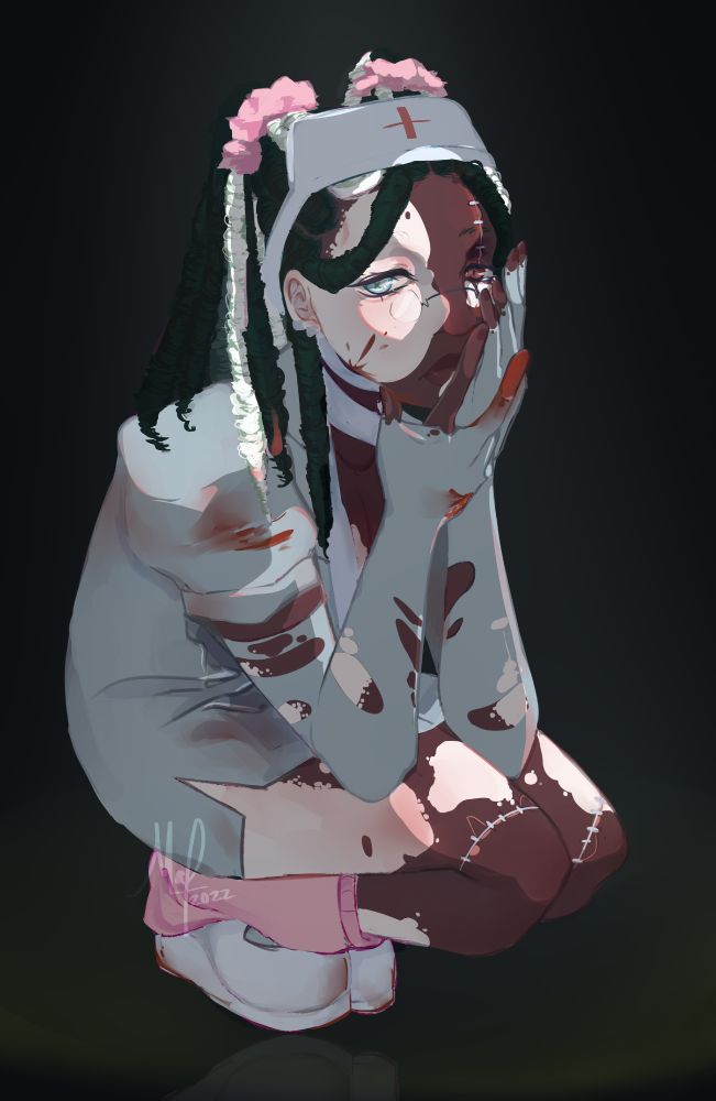 My OC Ija is crouched down in a black room. She has vitiligo and a few stitch marks on her knees and the right side of her face. Her green and white locs are placed up in two pigtails, using bright pink scrunchies. She wears a stereotypical "sexy nurse" outfit in a dull grey, which is torn and bloodied in several places. 