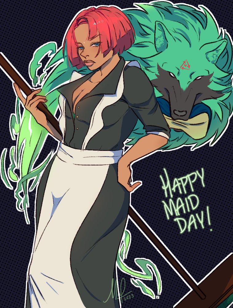 Giovanna from Guilty Gear Strive, wearing a maid outfit, holds a broom in her hand with an unamused expression. Her wolf spirit, Rei, is behind her, holding a sponge in her maw.