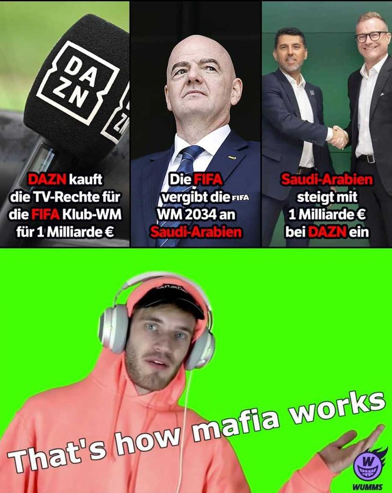 DAZN kauft WM-Rechte, FIFA vergibt WM an Saudi-Arabien, Saudis kaufen DAZN. That's how mafia works