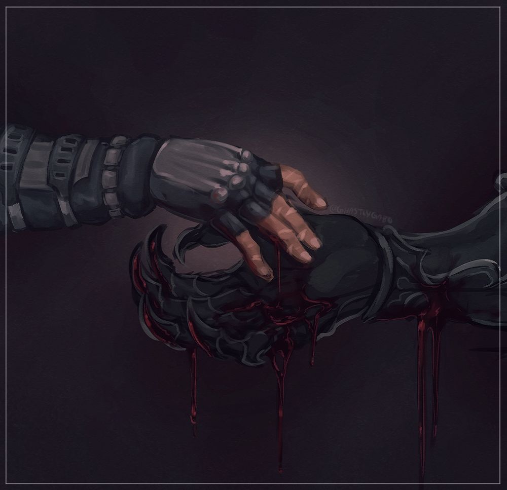 Rough illustration of two hands meeting. One is hand is wrapped in a grey half fingered gauntlet, while the other, much larger, clawed hand is wearing a black metal gauntlet. Their hands are both bloodied and reaching for each other with an unanticipated tenderness. 