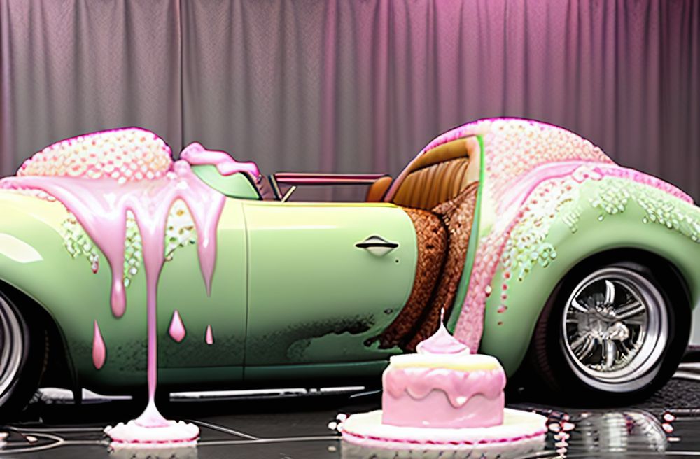 An AI image of a cake that is also very clearly a car.
The vehicle is made of green frosting and pink frosting with sprinkles. Instead of crushed leather seating, there is cake breading making up the inside of the vehicle. Fondant car tires and rims hold the vehicle up while a token cake covered with pink frosting sits to the side, possibly providing moral support.