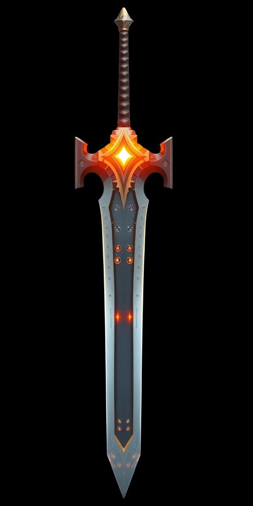 An AI generated image of a colossal great sword.
The weapon is made of heavy, dense steel. The pommel is mushroom shaped and silver and gold lacquered. It joins with a weave wrapped grip of brown and tan threads.
This is joined to a heavy looking cross guard and hilt with a blazing orange energy gem mounted in the center. The metal is riveted and looks machined from some heavy industrial process. This effortlessly joins with the blade who's material is also riveted and bears the hallmarks of ship-plat and armor patterns.
One can imagine this weapon resonating with photonic energy instead of outwardly projecting it in order to form a cutting edge.