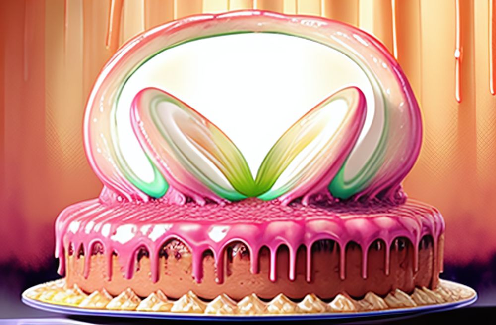 An AI generated cake with bizarre frosting.
The cake is single layer with chocolate breading. The cake is frosted around it's base with vanilla frosting shells. The cake itself is frosted with pink frosting that drizzles down from the top and is topped with a very unique frosting topper that is white, green and pink. It is huge and loops high above the cake before looping twice more in the center like a bow or bunny ears. The cake is displayed on a ceramic serving platter and takes up the entire surface.