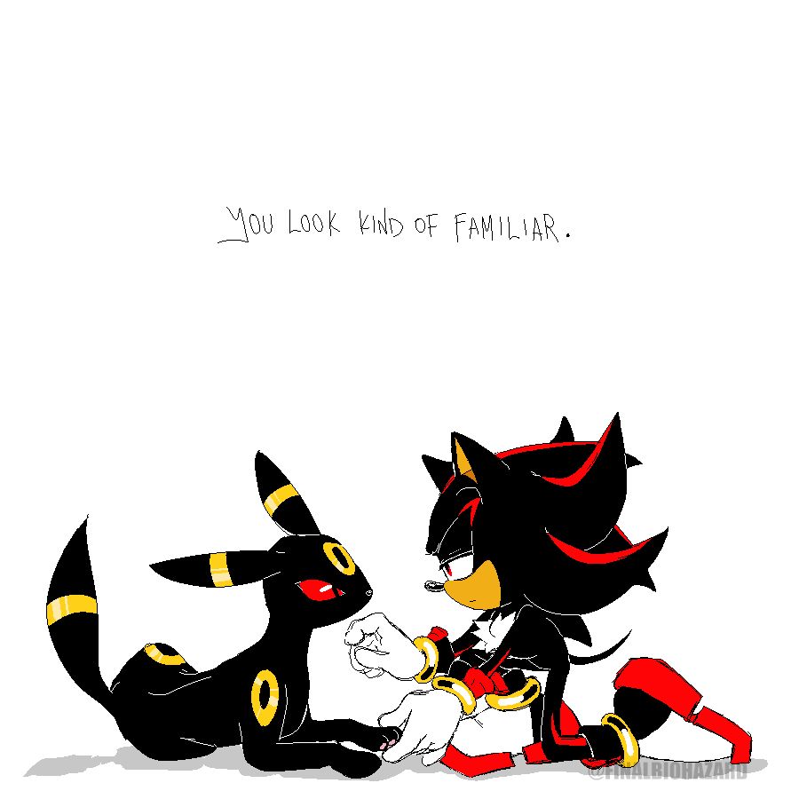 Shadow the Hedgehog gently reaching out to an Umbreon with "You look kind of familiar." written above them